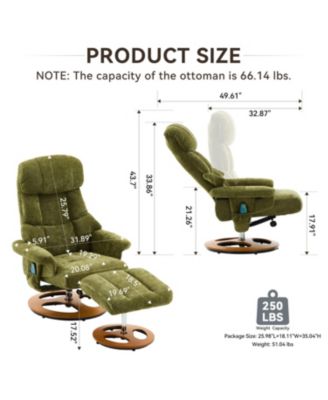 Ergonomic Recliner Chair with Ottoman, Massage, Heat, 360 Swivel, Green