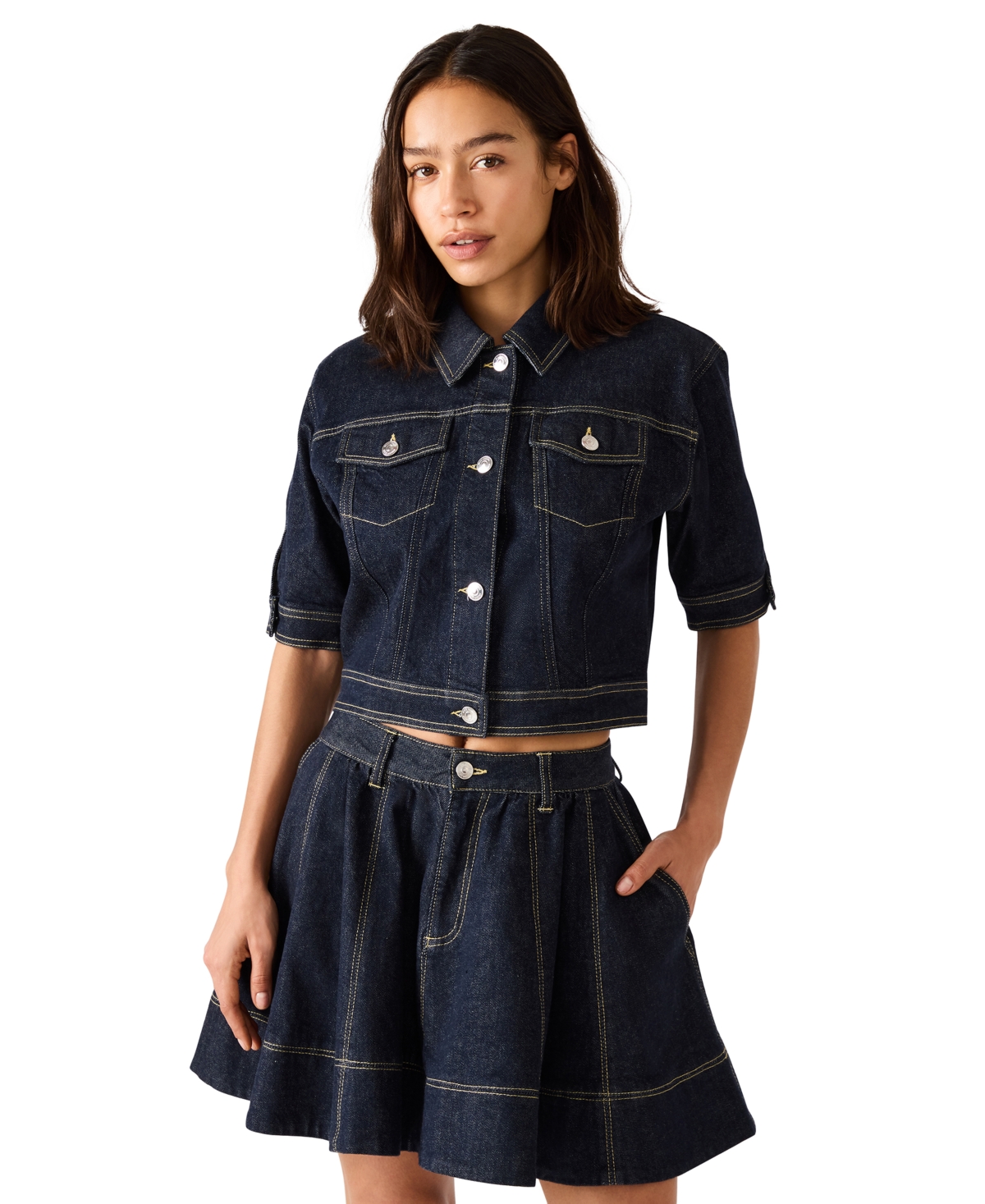 Steve Madden Women's Blu Elbow-Sleeve Denim Trucker Jacket