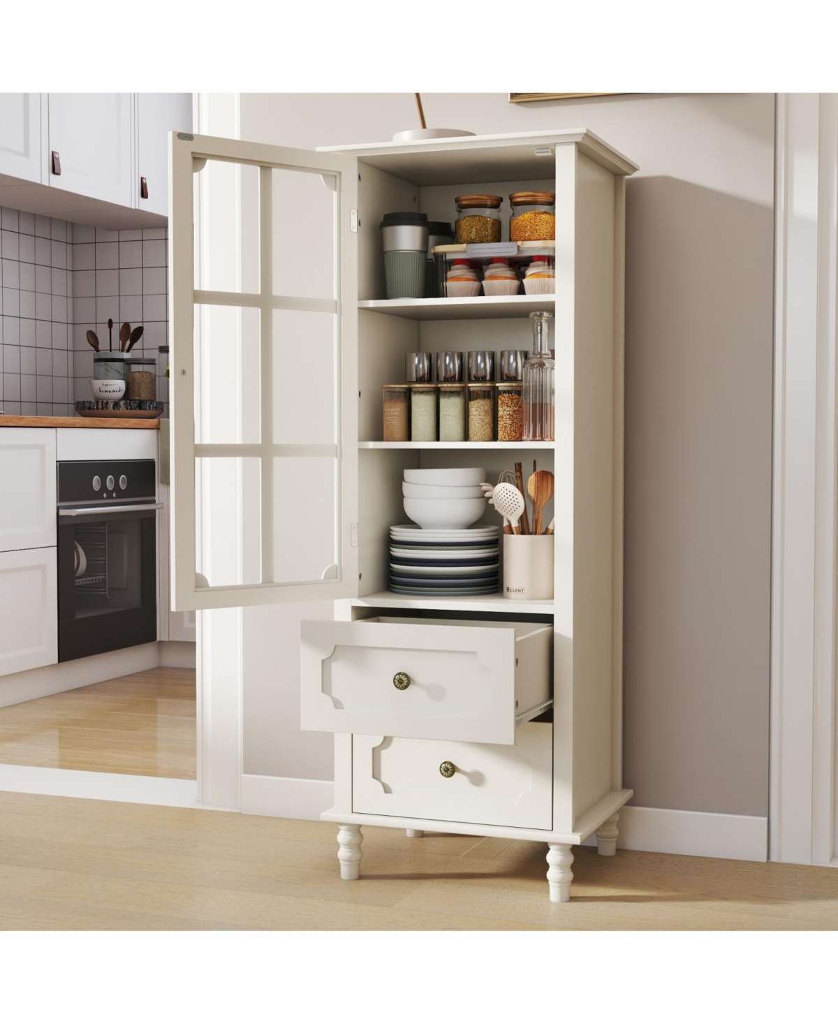 Streamdale Furniture minimalist Buffet Cabinet with Glass Doors & Double Drawer