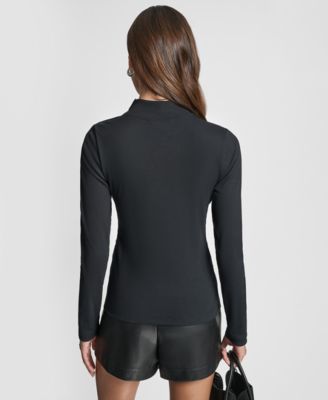 Women's Jewel Button Shoulder Mock Neck Long-Sleeve T-Shirt