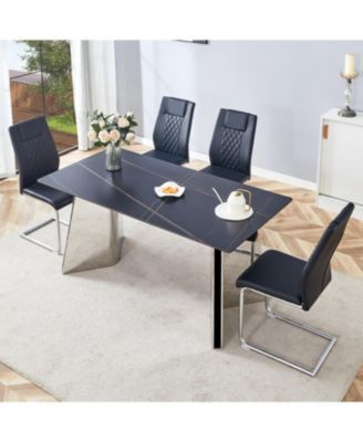 Streamdale 63" Black Marble-Patterned Table with Butterfly Legs and 4 Black PU Chairs