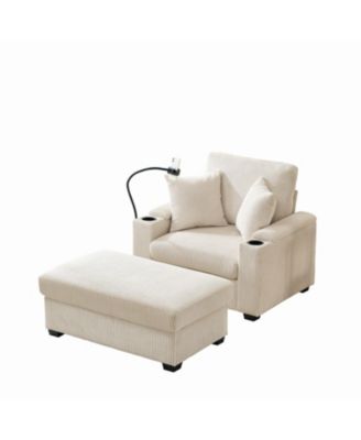  55" Oversized Chaise Lounge Chair with Ottoman, Storage & USB - Beige