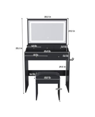 Modern Vanity Desk with Lighted Mirror & Power Outlet - Black