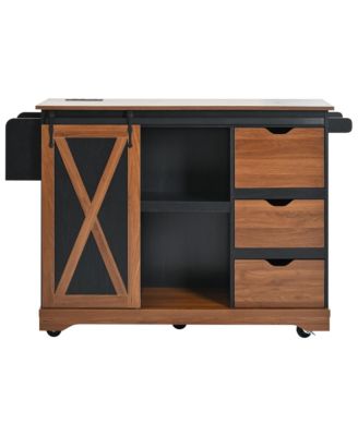 Farmhouse Kitchen Island with Drop Leaf, Barn Door, Power, Rolling Cart