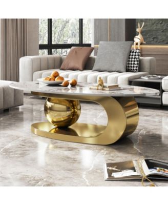 Oval Faux Marble Coffee Table with Stainless Steel Base