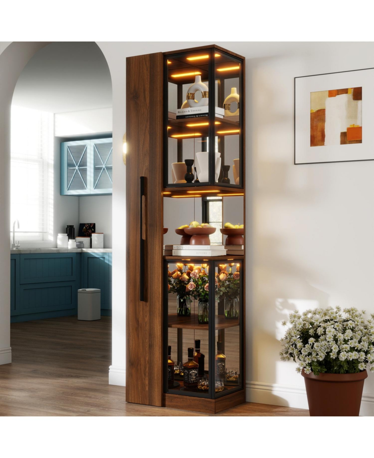 Streamdale Furniture 70" Display Cabinet w/ Glass Doors, Lights & Pull-Out Storage Shelf