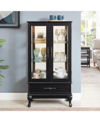 Lighted Curio Cabinet with Glass Doors, LED Lights, Black Finish