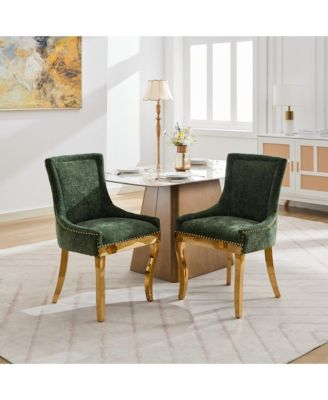 Chenille Dining Chairs, Gold Legs, Rivet Trim, Green, Set of 2