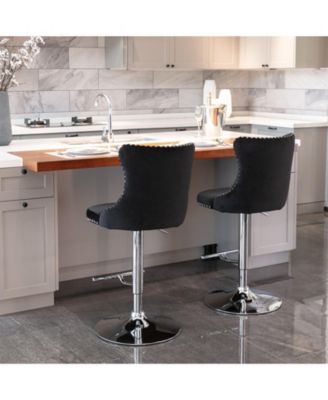 Velvet Swivel Barstools, Adjustable Height, Chrome Base, Set of 2, Black