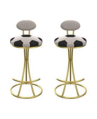 Football Print Bar Stools Set of 2, Counter Height, Velvet, Gold/Cream