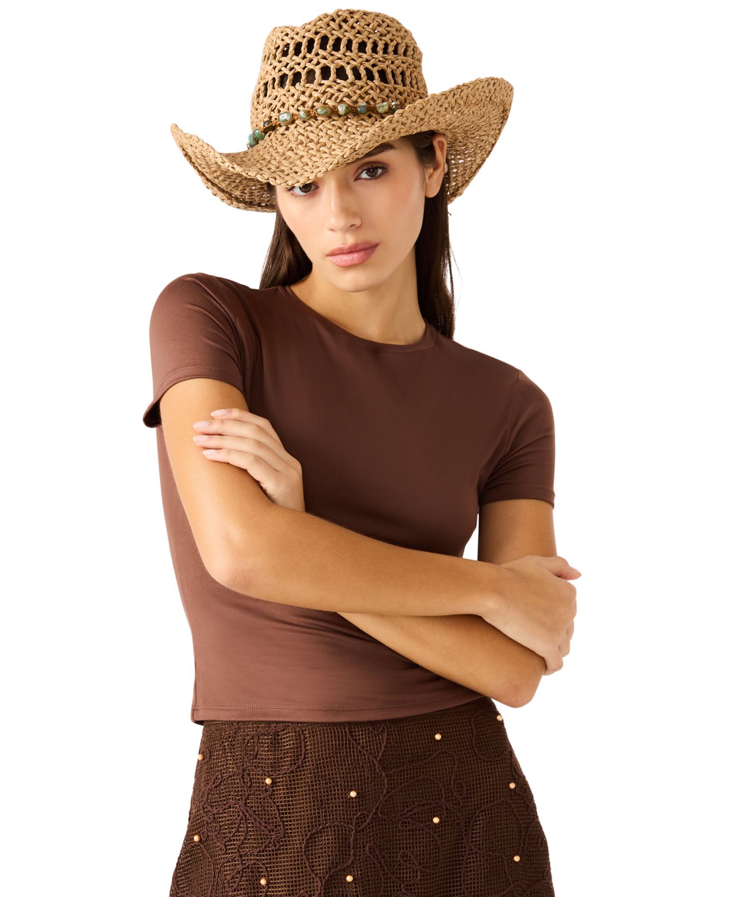 Женский головной убор Steve Madden Beaded Trim Western Hat, цвет: Рыжевато-коричневый — фото 3