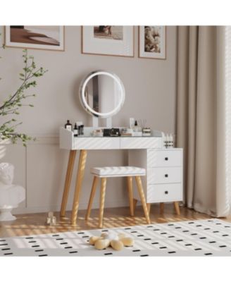 Streamdale LED Glass Top Dressing Table with Ext. Table & Stool