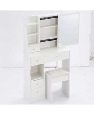 Compact Vanity Table with Large Mirror and Multi-Tier Storage, Stool Included