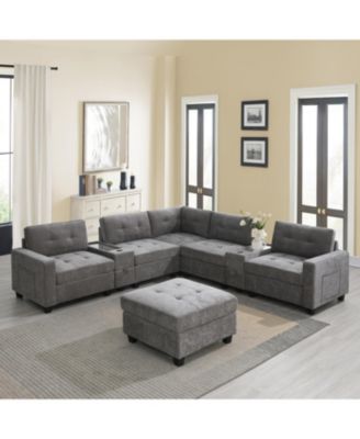 104" Tufted Sectional Sofa with Acrylic Table, Consoles, USB Charger, Storage, Ottoman