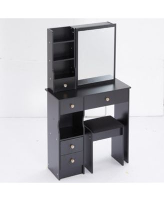 + Compact Vanity Table Set + Wood/Engineered Wood + Large Mirror & Multi-Tier Storage + Vanity Table with Stool