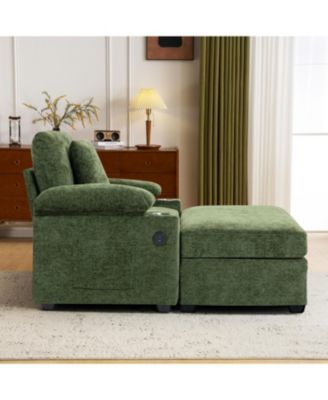 Oversized Chenille Chair with Ottoman USB & Cupholders