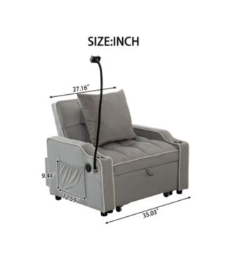 Streamdale Convertible Velvet Futon Sleeper Chair Bed w/ USB & Phone Holder (Light Gray