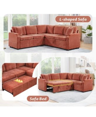 Sectional Sofa Bed L-Shape Orange Sleeper with Hidden Storage