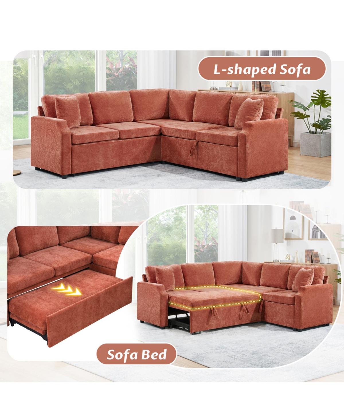 Streamdale Furniture Sectional Sofa Bed L-Shape Orange Sleeper with Hidden Storage
