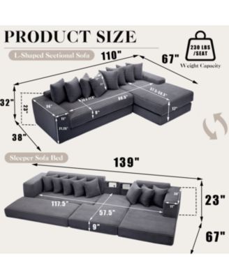 Oversize Cloud Couch, L-Shape Sleeper Sofa, 8 Pillows, Corduroy, Dark Gray (Right Facing