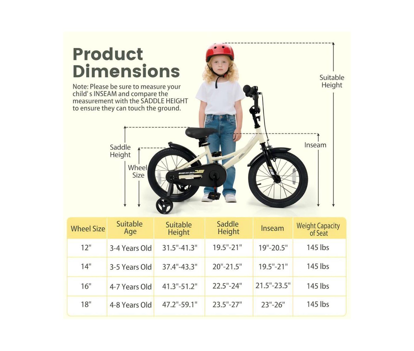 Детская игрушка HONGGE 16-Inch Kids Training Bike with Adjustable Seat, Dual Brake & Training Wheels, Ages 4+, цвет: Бежевый / Хаки — фото 3