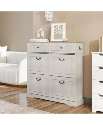 Shoe Storage Cabinet - 2 Drawers, 4 Flip Drawers - Antique White