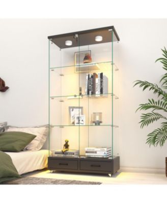 Black Glass Display Cabinet w/ Drawers & LED Lights