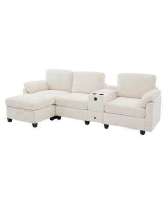  L-Shape Corduroy Sofa- 4-Seater, USB, Storage, Console & Ottoman