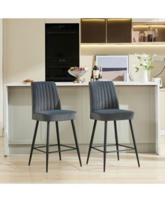Velvet Grey Bar Chairs Set of 2 Adjustable Iron Feet