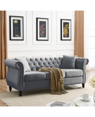 Streamdale 80" Grey Velvet Chesterfield Sofa, Tufted 3 Seater Couch