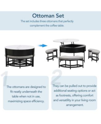 Round Lift-Top Coffee Table with Storage & 3 Ottoman