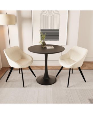 Black MDF 31.5" round dining table set with 2 faux leather chairs