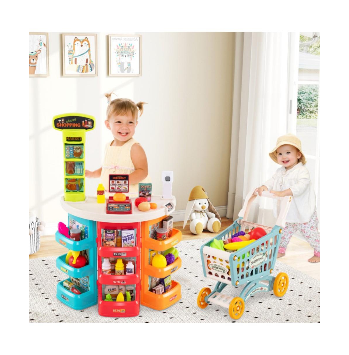 Hongge Kids Grocery Store Playset with Checkout Counter Shopping Cart and Pretend Food Accessories