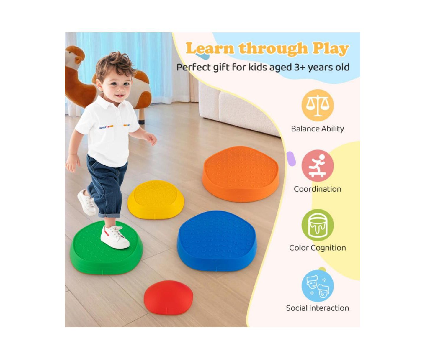 Детские игрушки HONGGE Balance Stepping Stones Non-Slip Rubber Bases Stackable 5-Piece Set, Ages 3-8, цвет: Разноцветный — фото 8