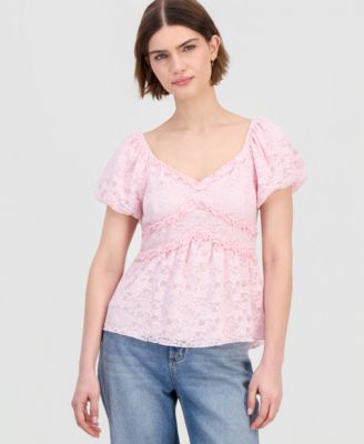 Juniors' Lace Puff-Sleeve Babydoll Top