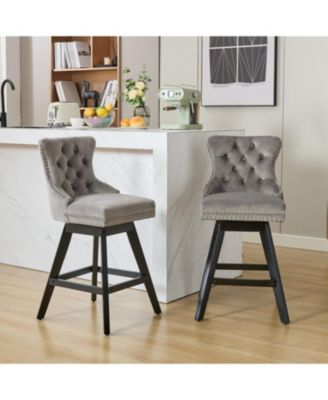 Gray Velvet Swivel Barstools Button Tufted Set of 2