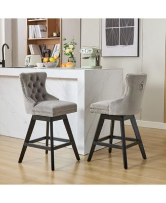 Gray Velvet Swivel Barstools Button Tufted Set of 2