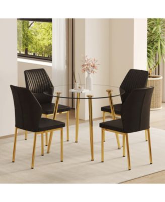 39.7" Glass Dining Table & 4 PU Chairs - Gold Legs