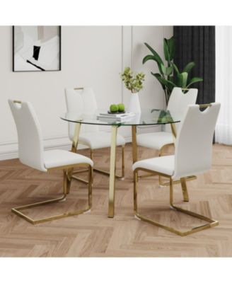 Modern Glass Circle Table & White PU Chairs (Set of 5)