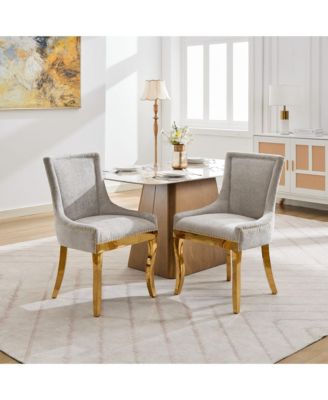 Chenille Dining Chairs, Gold Legs, Rivet Trim, Beige, Set of 2