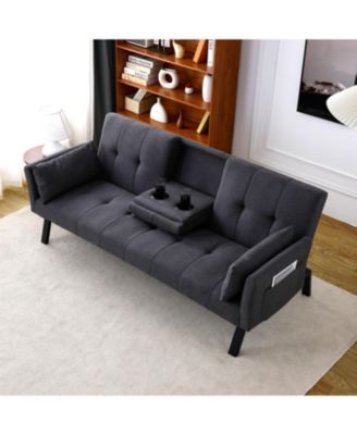 70" Cotton Linen Sofa Bed- Foldable, Cup Holder, Side Storage
