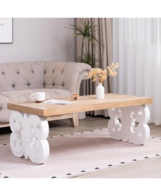 Ornate Wood Coffee Table - Farmhouse Style, Carved Base.