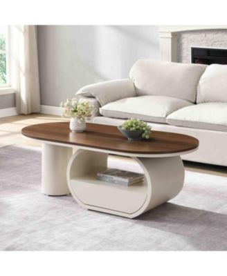 Luxury Oval Coffee Table w/ Storage - White Metal