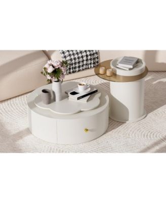 Modern Round Coffee Table Set, Rotatable Top & Drawers