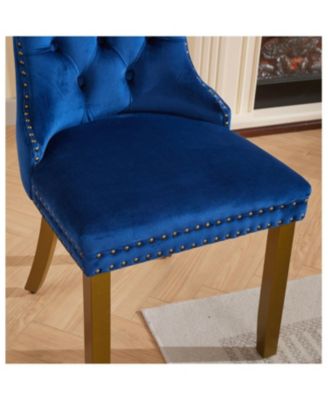 Mid-Century Tufted Velvet Dining Chairs, Lion Head Ring, Gold Legs, Blue, 2-Pcs
