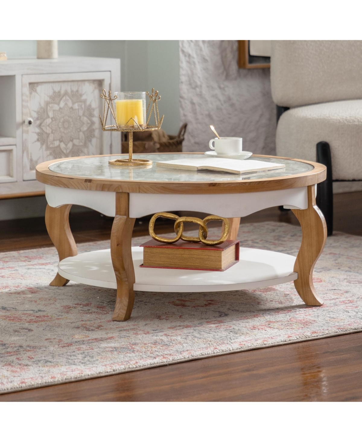 Streamdale Furniture Streamdale Round Wood Coffee Table, Glass Top, Curved Legs