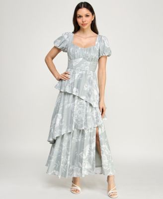 Juniors' Puff Sleeve Tiered Maxi Dress