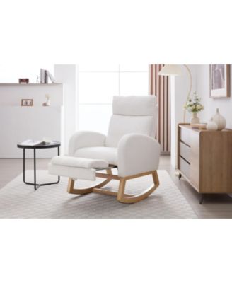Teddy Fabric Leisure Rocking Chair with Adjustable Footstool White