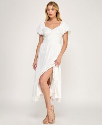 Juniors' Sweetheart Neck Puff-Sleeve Ruched Waist Midi Dress