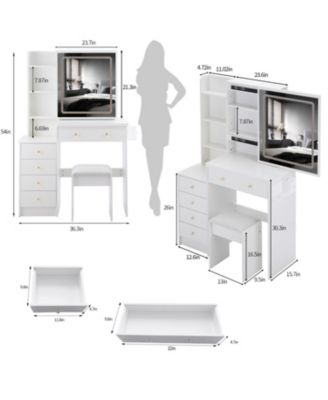 37" Bedside Vanity Table Set with - Cushioned Stool - AC/USB Sockets - Hair Dryer Stand - Touch Control LED Mirror